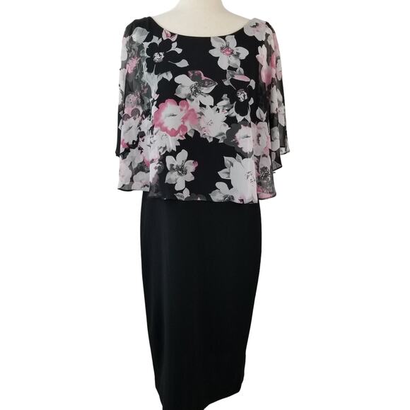 Connected Apparel Black White Pink Floral Overlay Dress Stretchy Excellent 10 - Picture 1 of 5